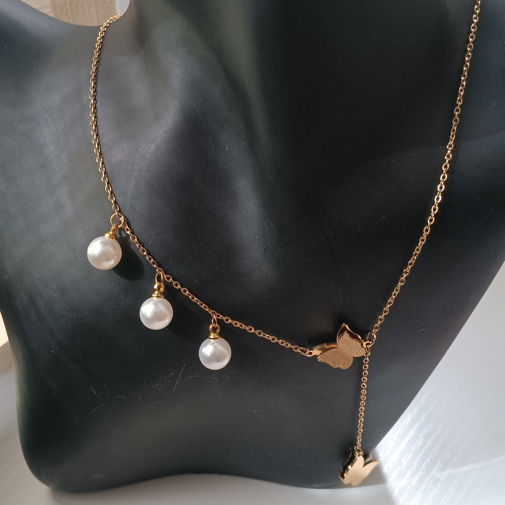 Gold Stainless Pearl Dangle Butterfly Necklace - Women Jewelry